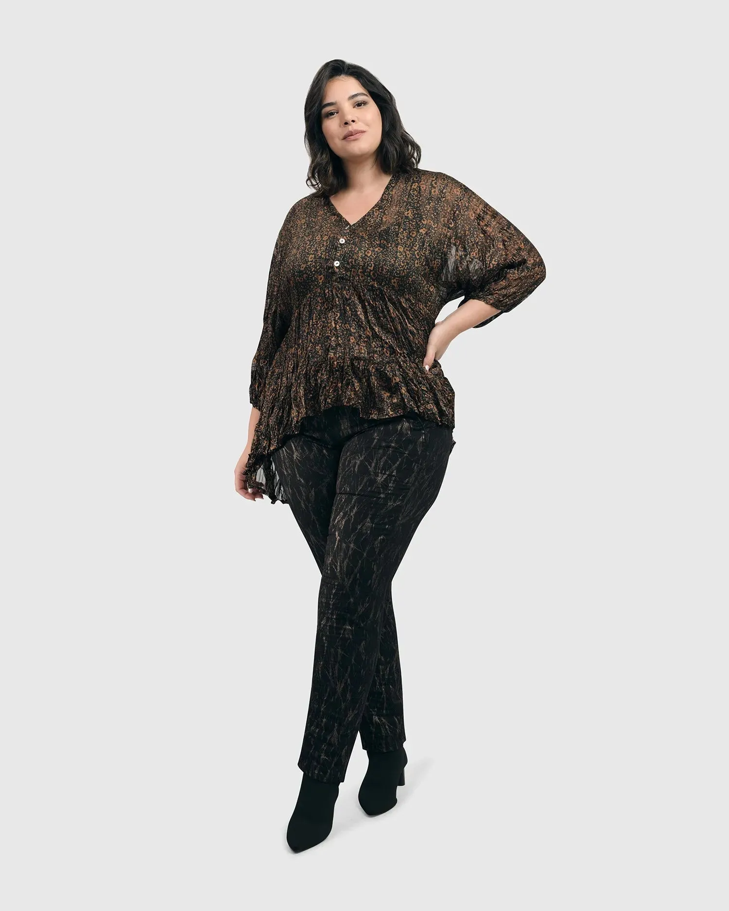 Floral Tiered Crinkle Blouse, Coffee/black