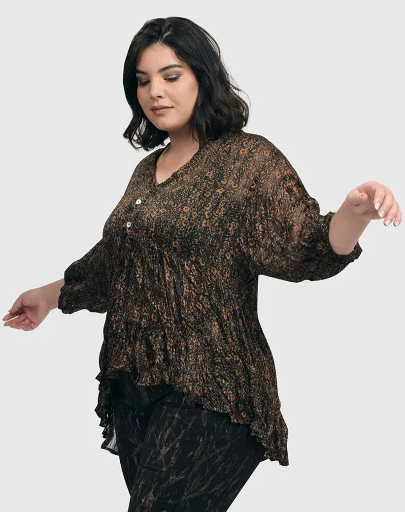 Floral Tiered Crinkle Blouse, Coffee/black