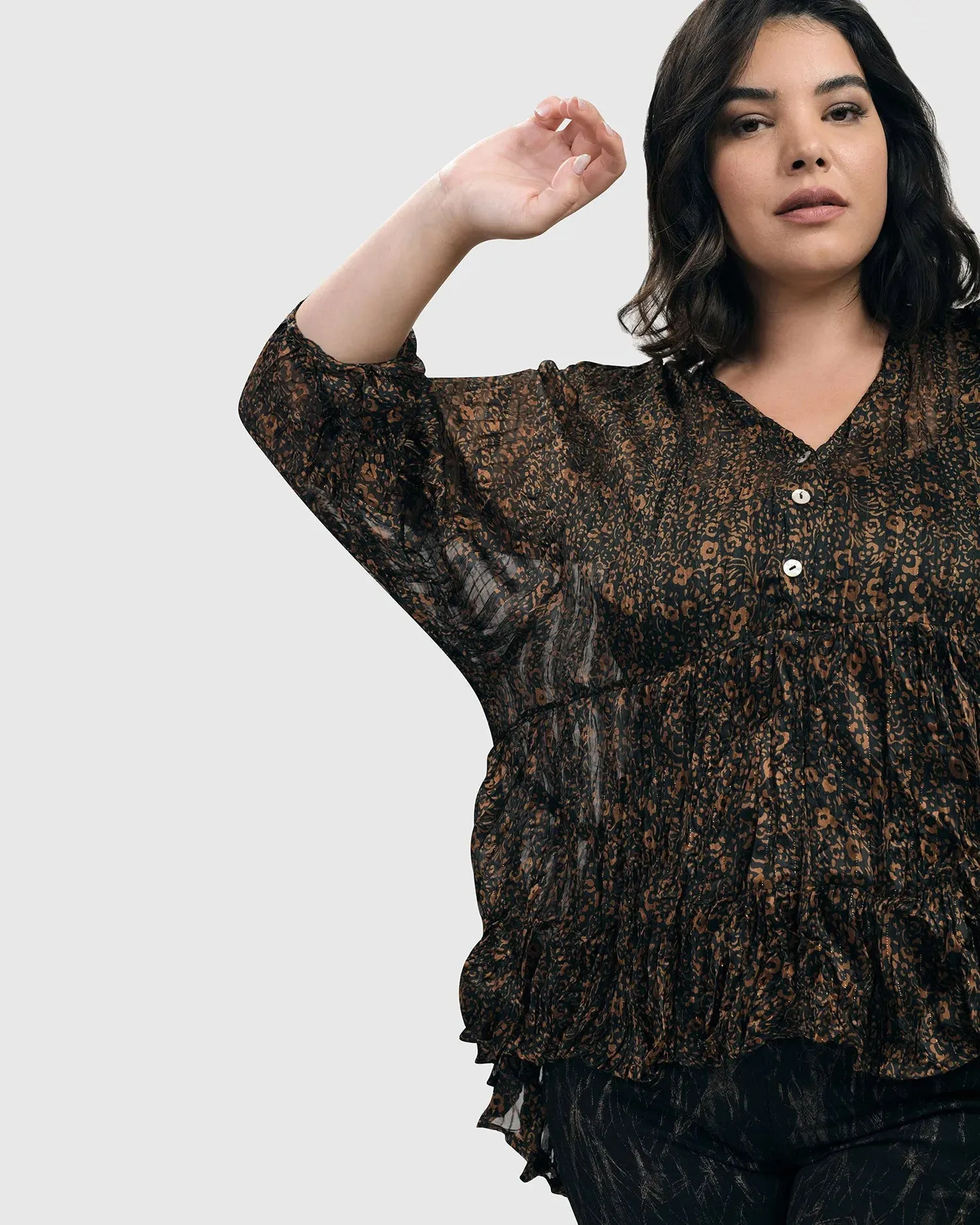 Floral Tiered Crinkle Blouse, Coffee/black