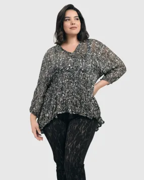 Floral Tiered Crinkle Blouse, Ivory/black