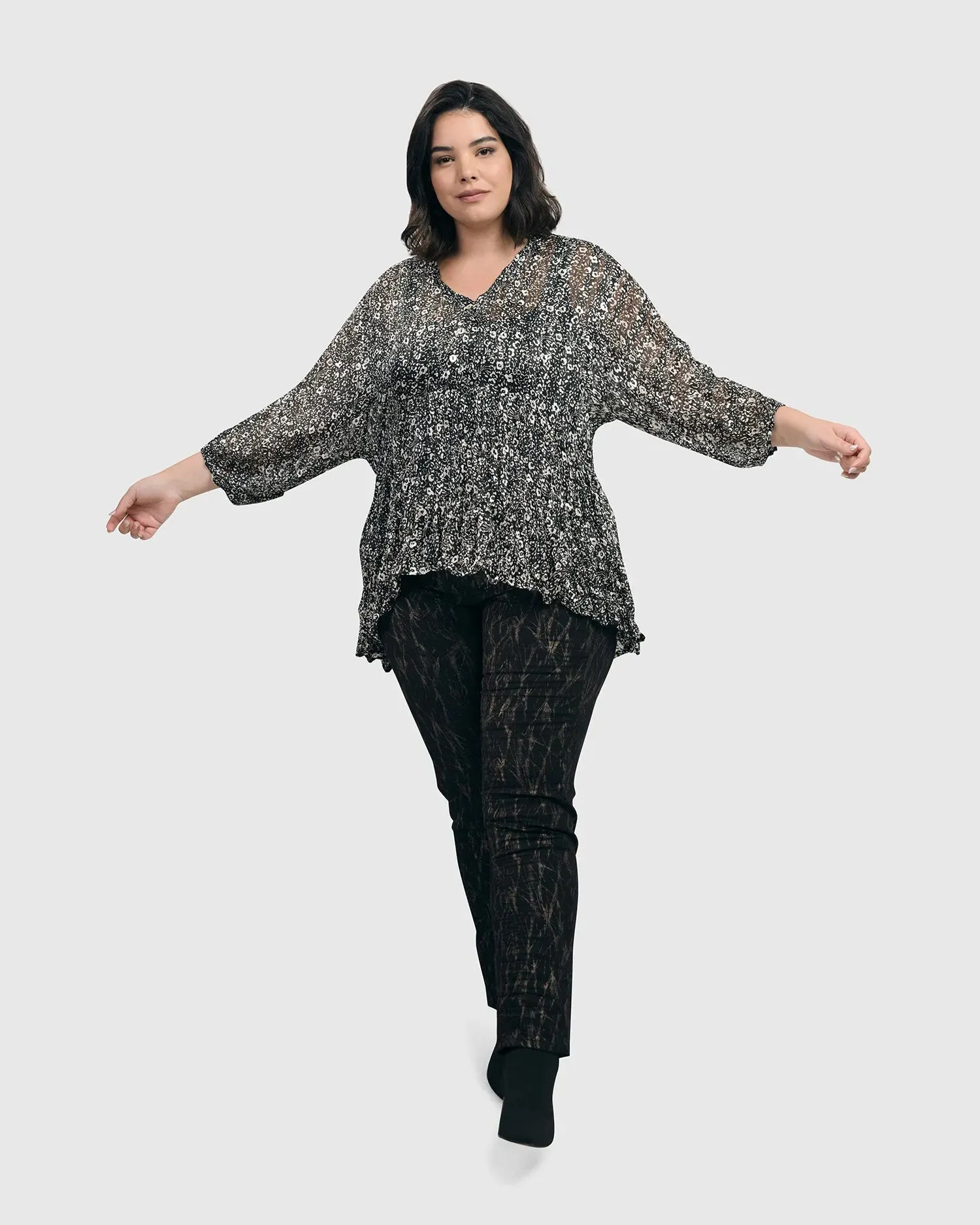 Floral Tiered Crinkle Blouse, Ivory/black