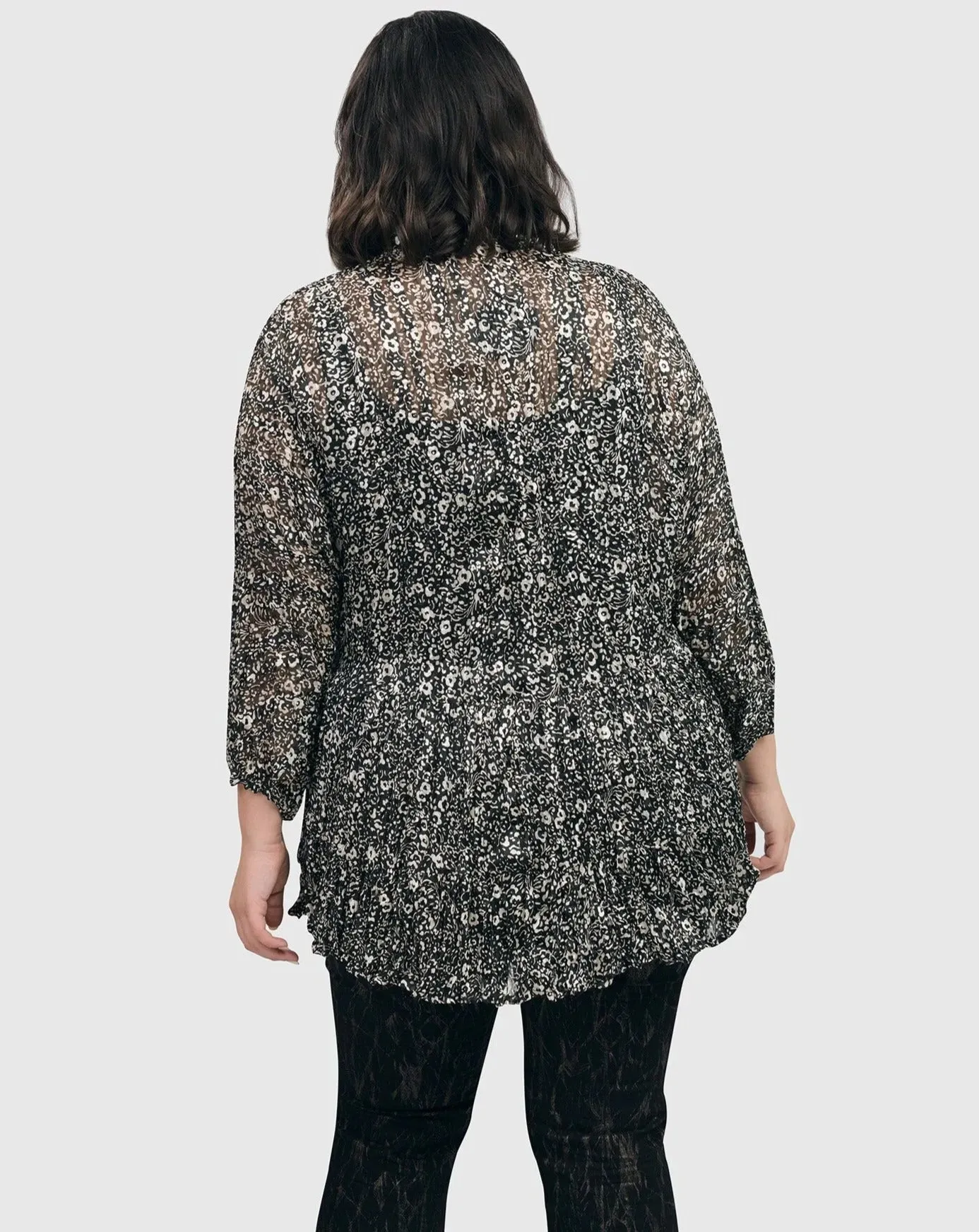 Floral Tiered Crinkle Blouse, Ivory/black