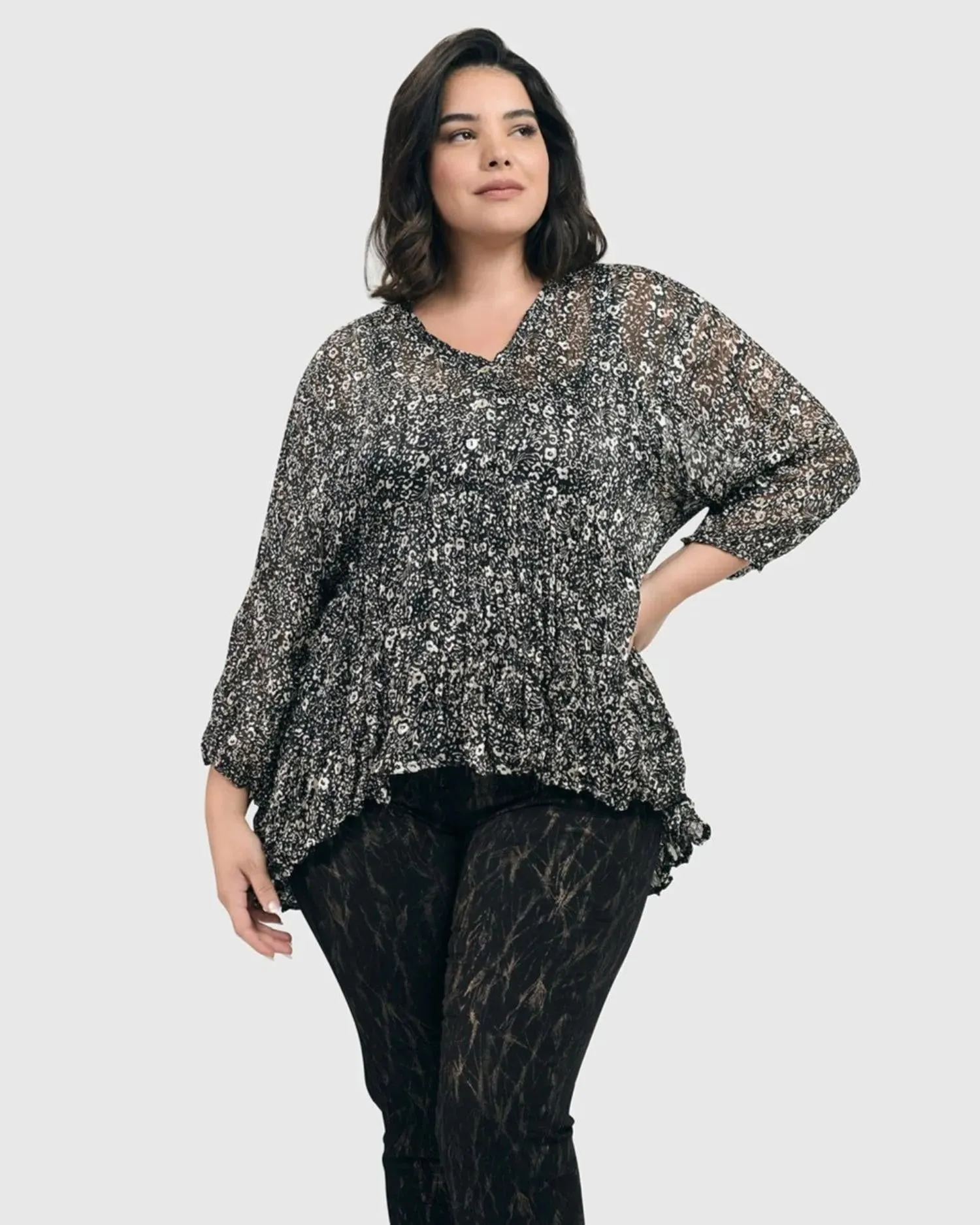 Floral Tiered Crinkle Blouse, Ivory/black