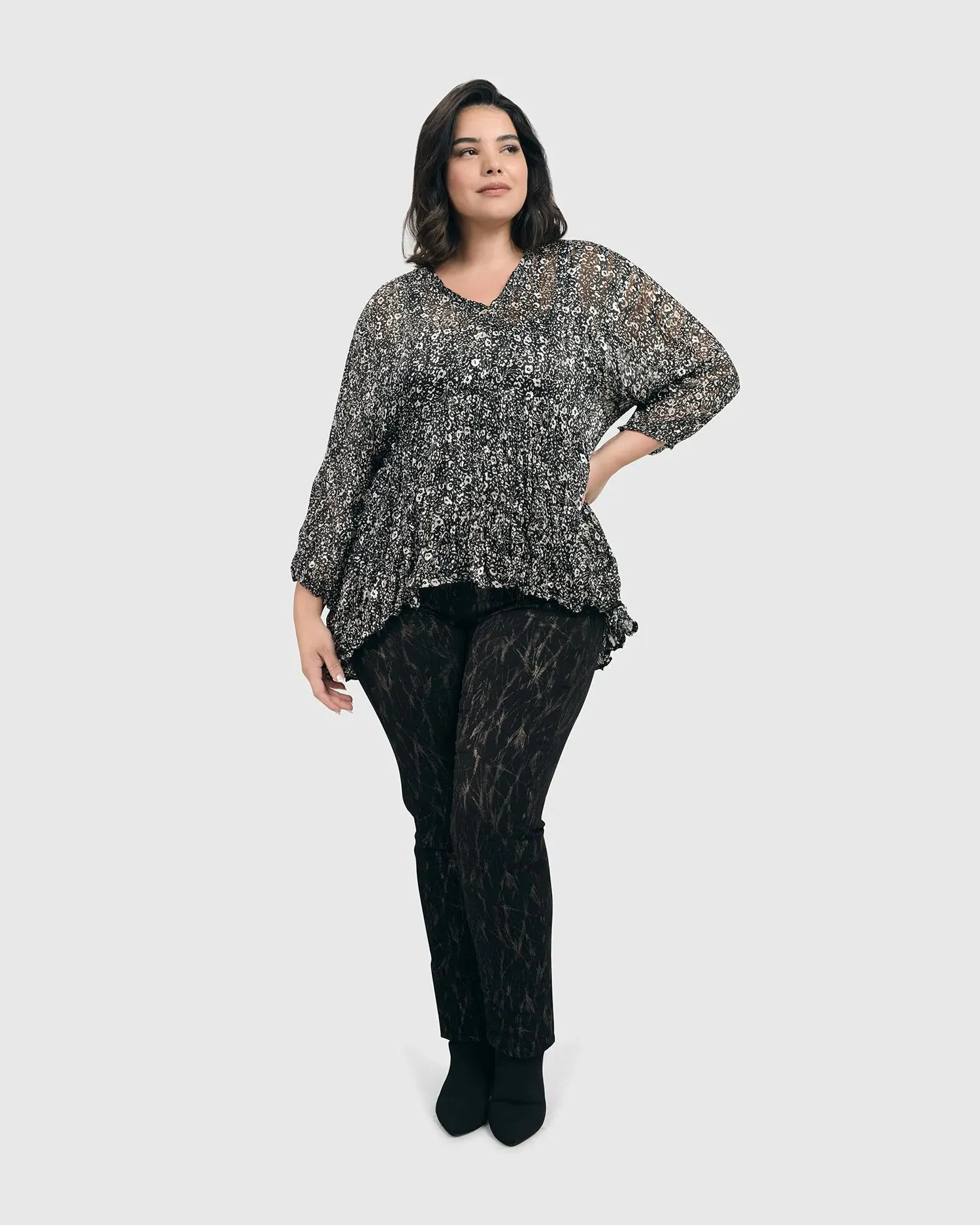 Floral Tiered Crinkle Blouse, Ivory/black