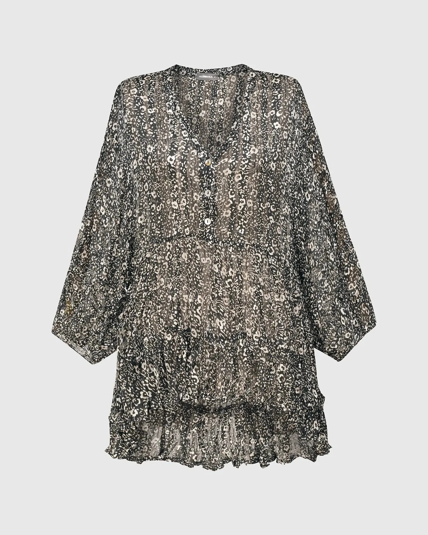 Floral Tiered Crinkle Blouse, Ivory/black