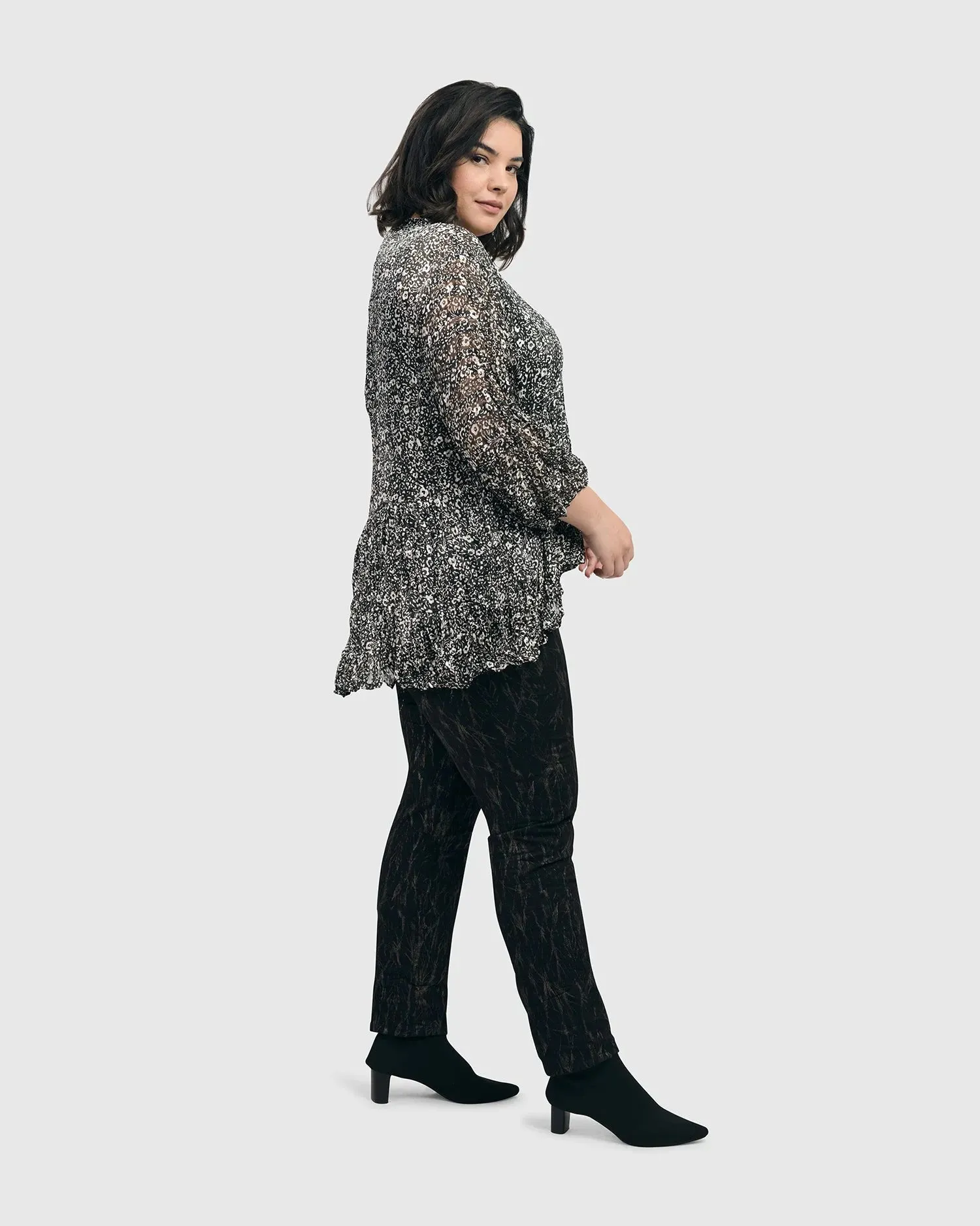 Floral Tiered Crinkle Blouse, Ivory/black