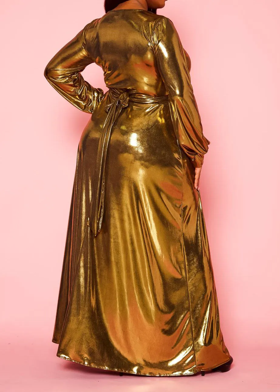 Hi Curvy Plus Size Women Gold Metallic Fit & Flare Maxi Dress