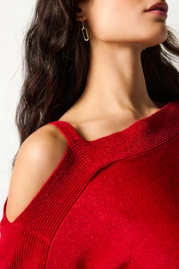 Joseph Ribkoff 234916 Sparkle Knit Cold-Shoulder Sweater Top