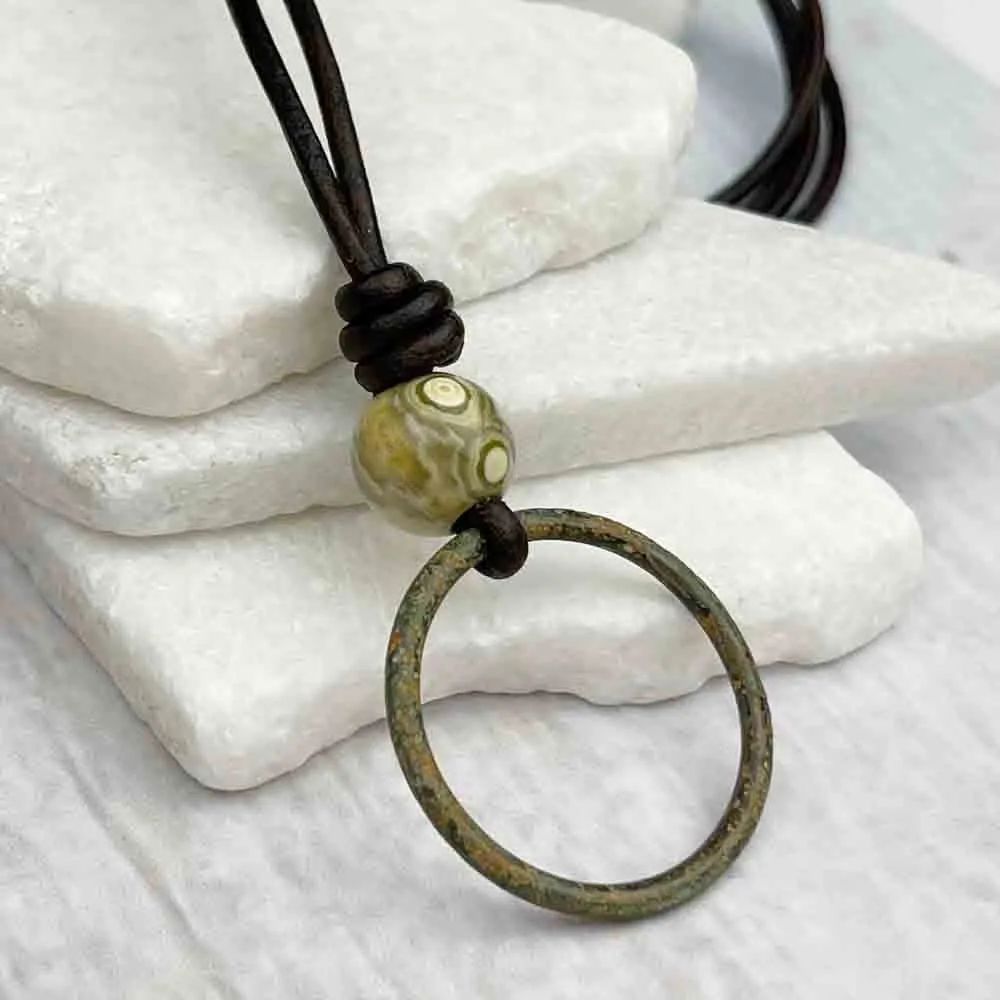 Large Deep Bronze Celtic Ring Money & Ocean Jasper Leather Necklace | Artifact #7140