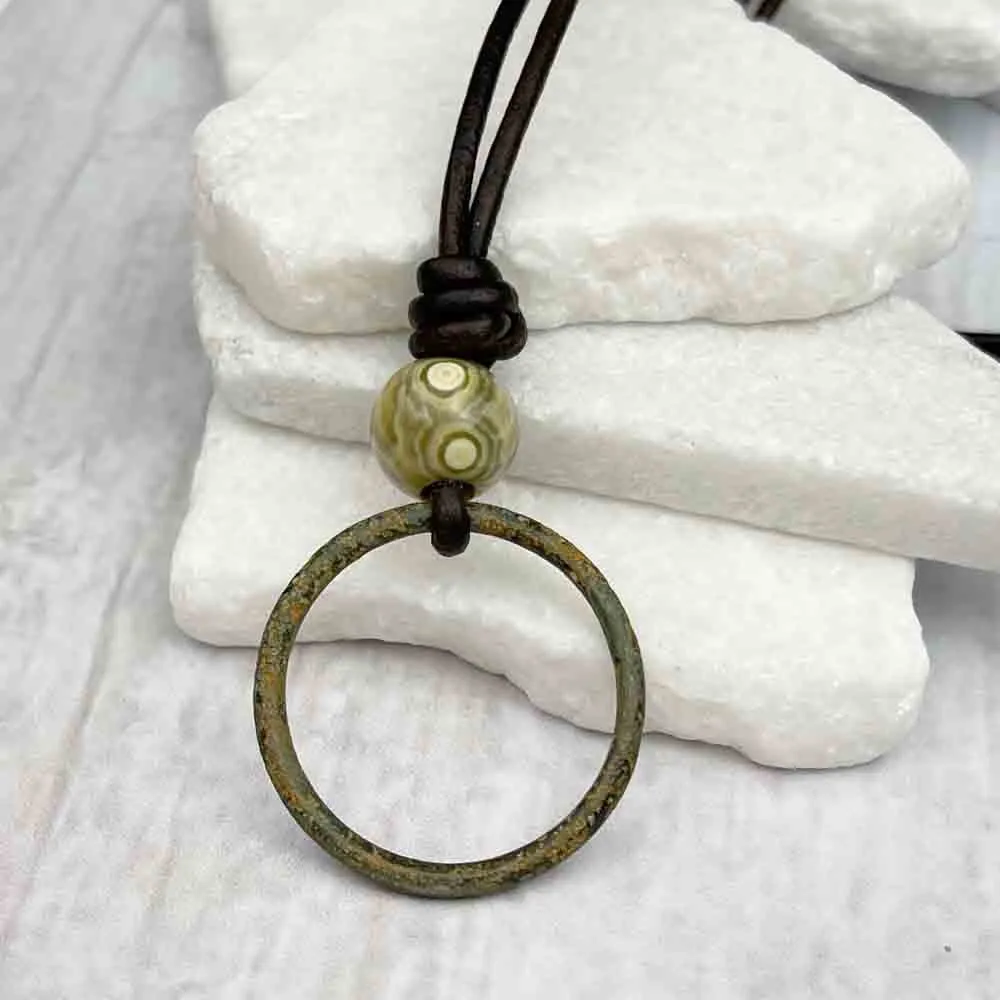 Large Deep Bronze Celtic Ring Money & Ocean Jasper Leather Necklace | Artifact #7140