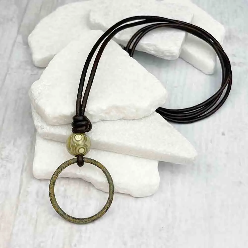 Large Deep Bronze Celtic Ring Money & Ocean Jasper Leather Necklace | Artifact #7140