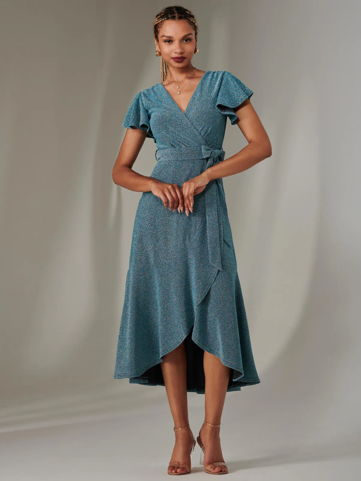 Marlie Metallic Angel Sleeve Maxi Dress, Blue/Silver