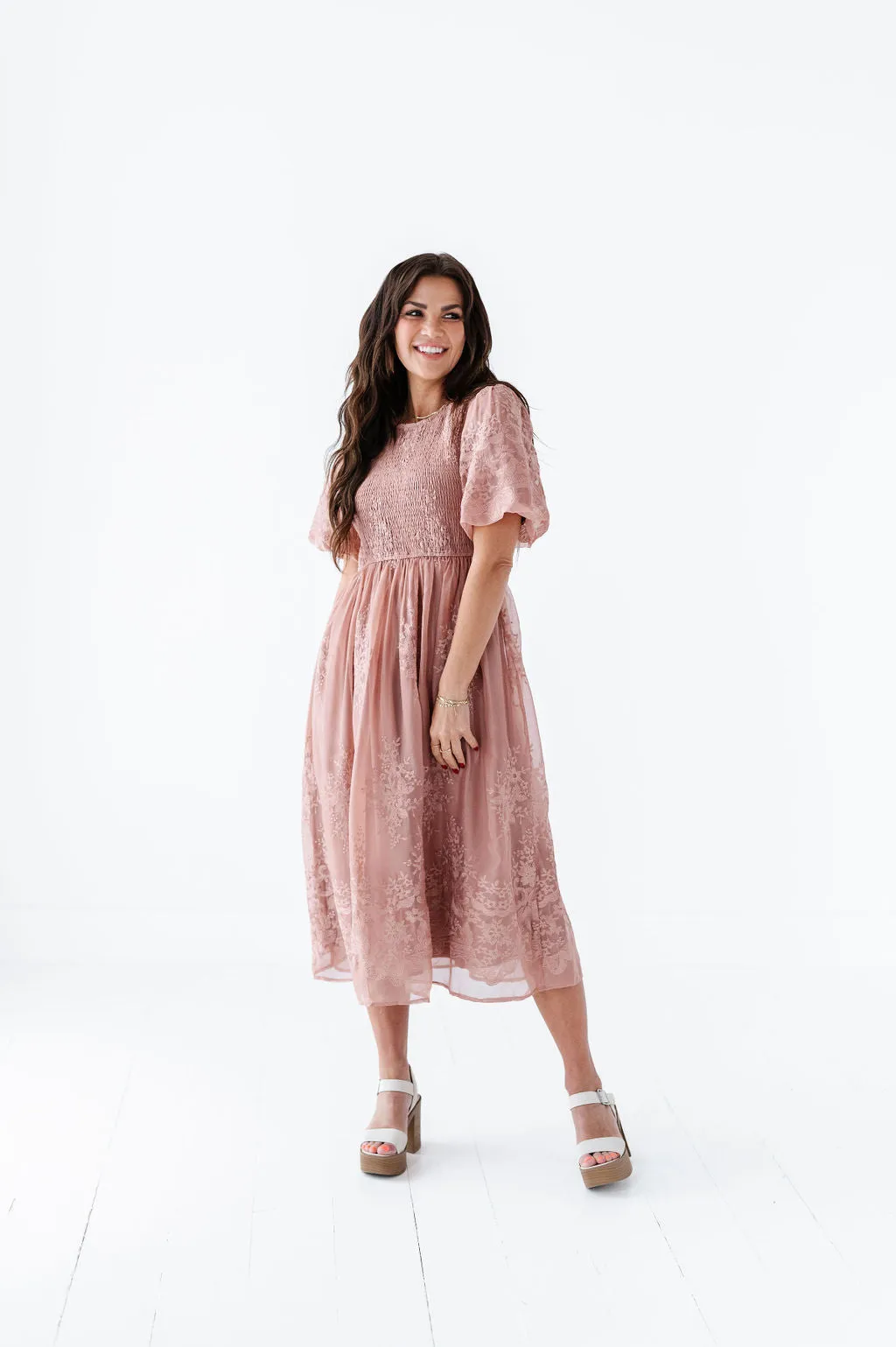Mia Embroidered Smocked Dress in Salmon