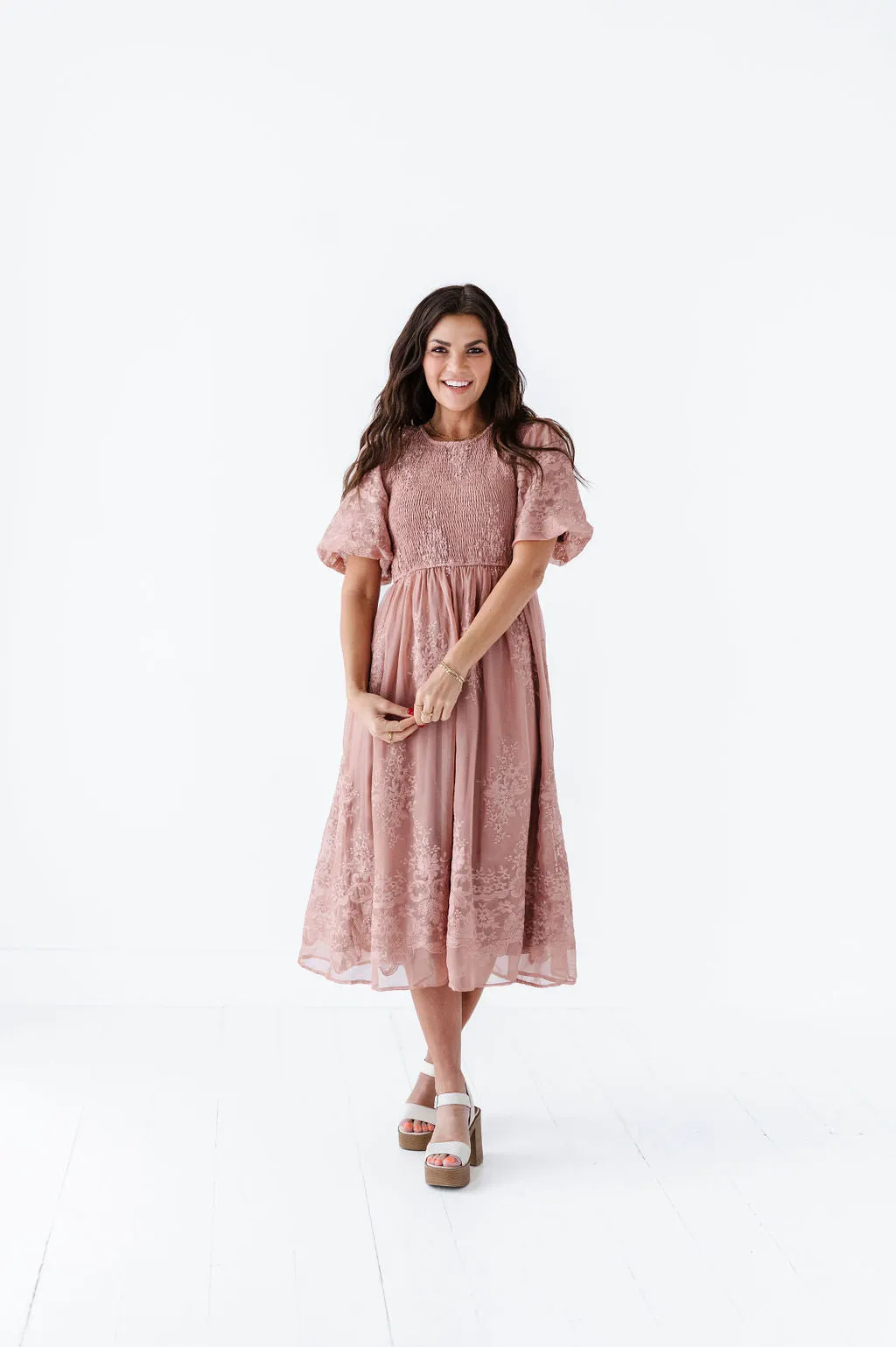 Mia Embroidered Smocked Dress in Salmon
