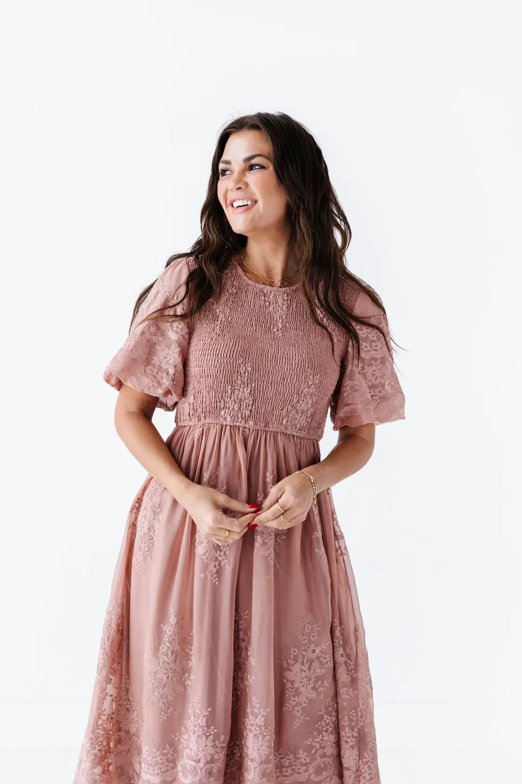 Mia Embroidered Smocked Dress in Salmon