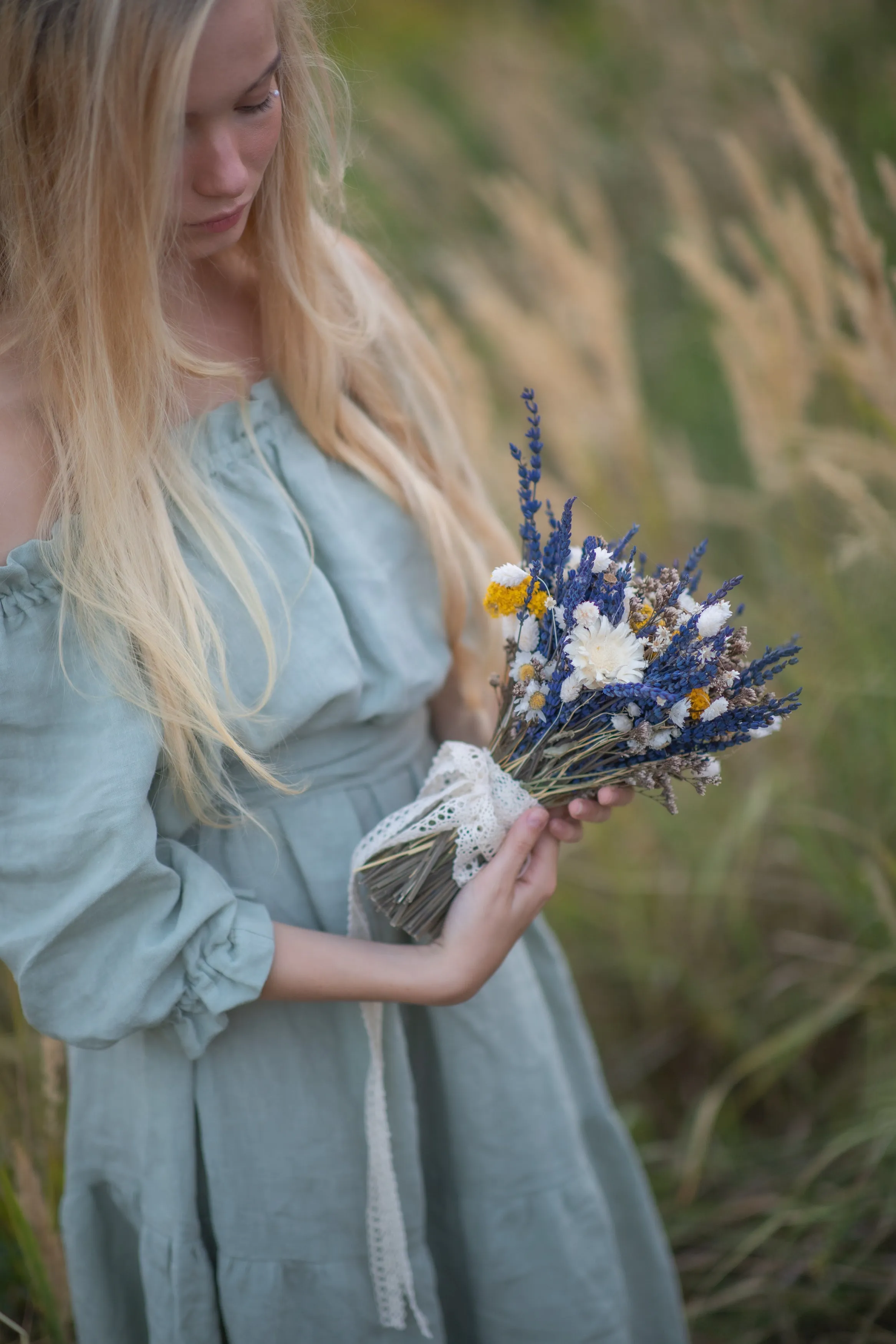 Natural lavender bridal bouquet Navy ivory ochre flower bouquet Wedding accessories Small bridal bouquet Preserved dried flowers Provence