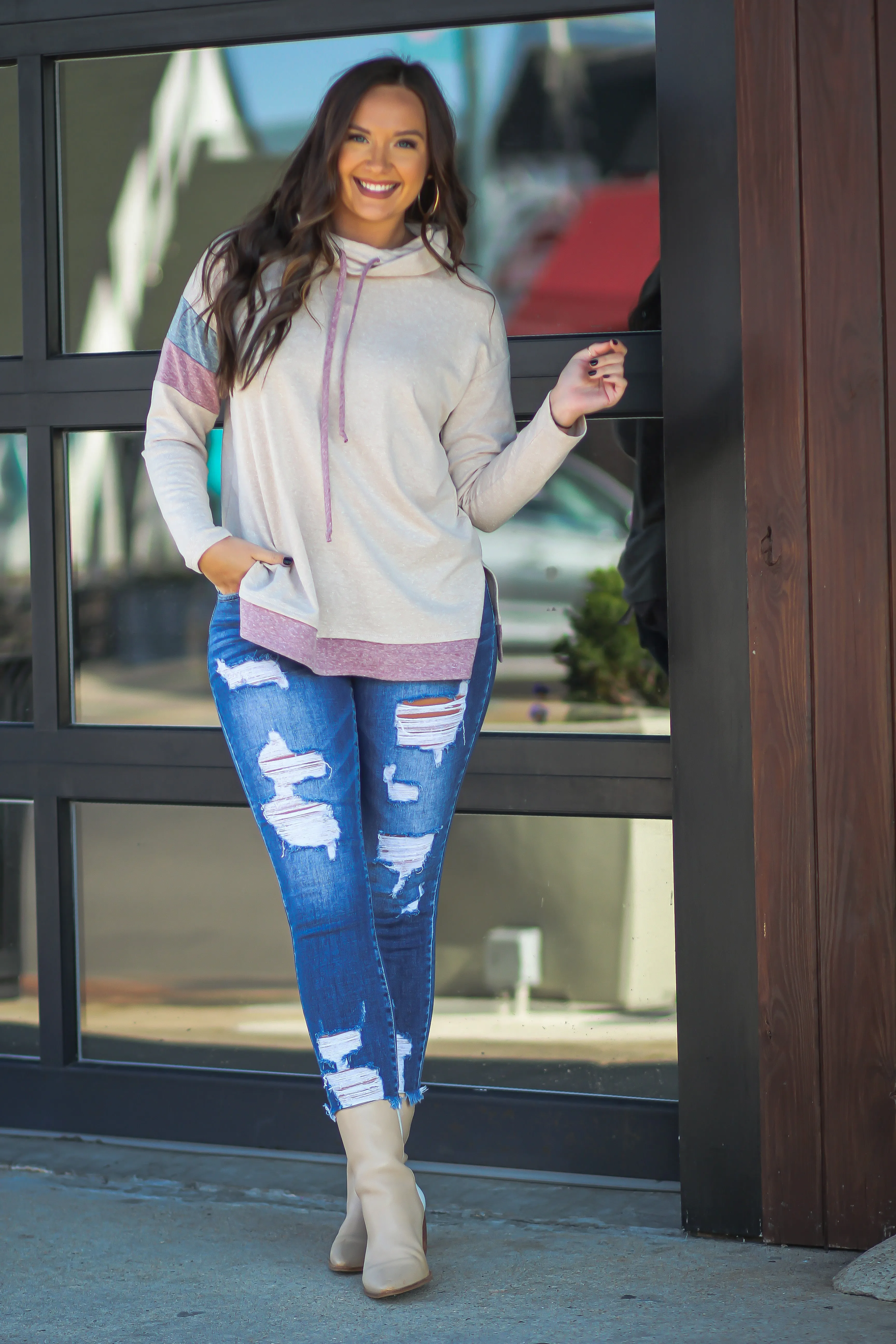 Oatmeal & Rose Colorblock Cowl Neck Pullover