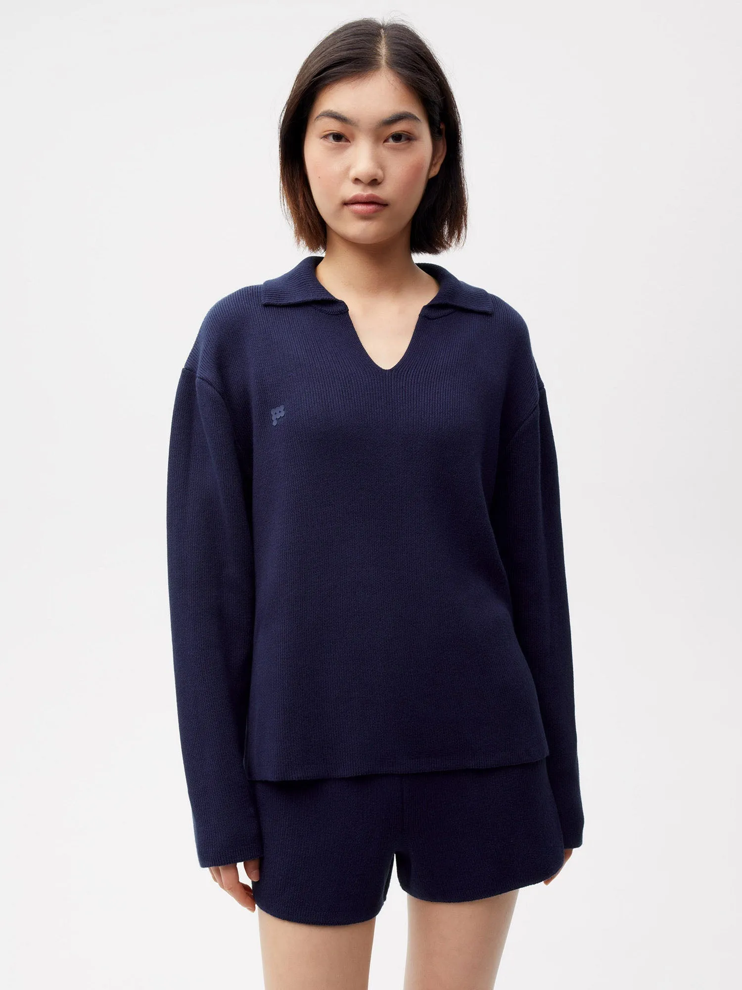 Open Collar Knit Jumper—navy blue