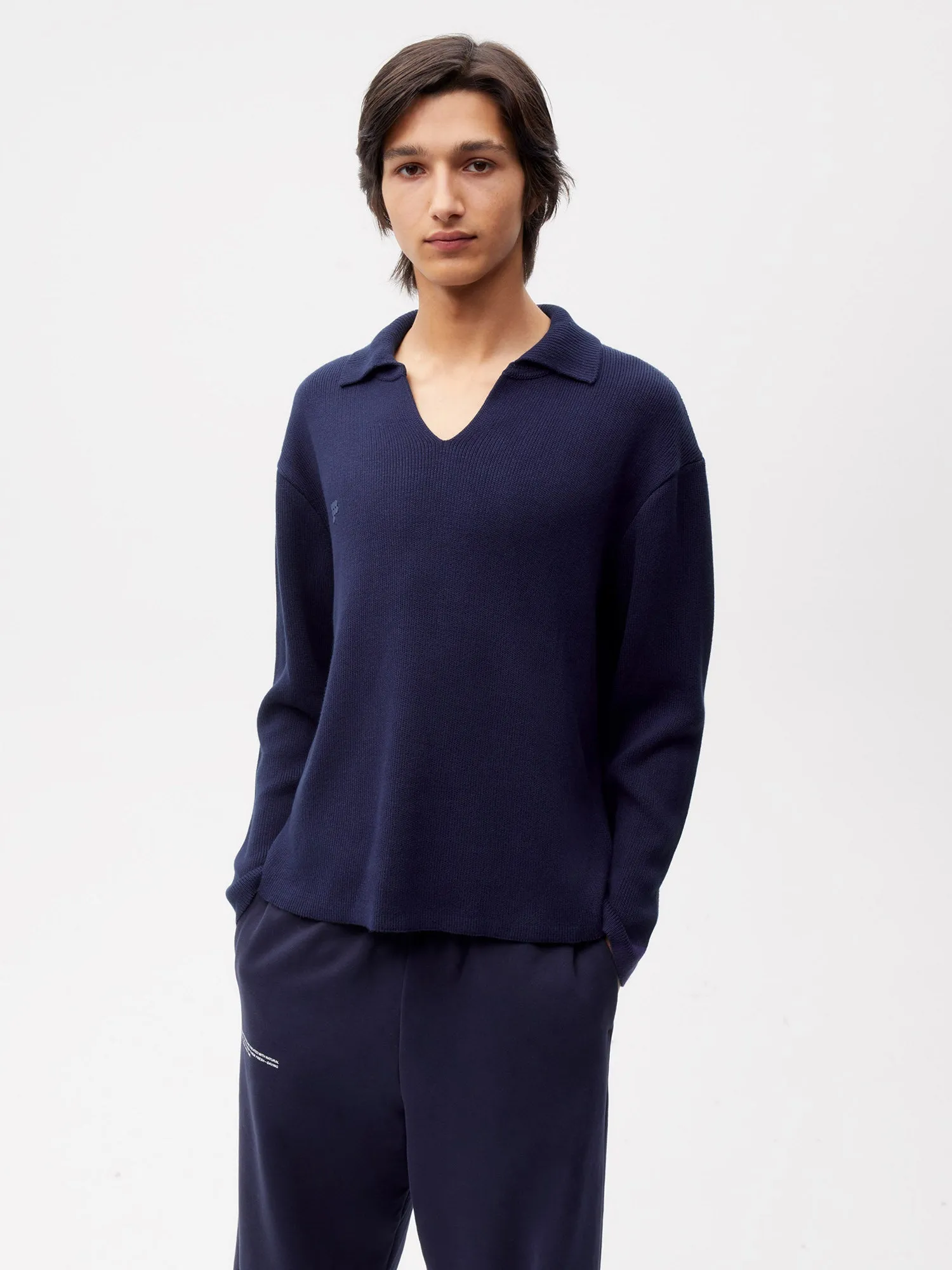 Open Collar Knit Jumper—navy blue