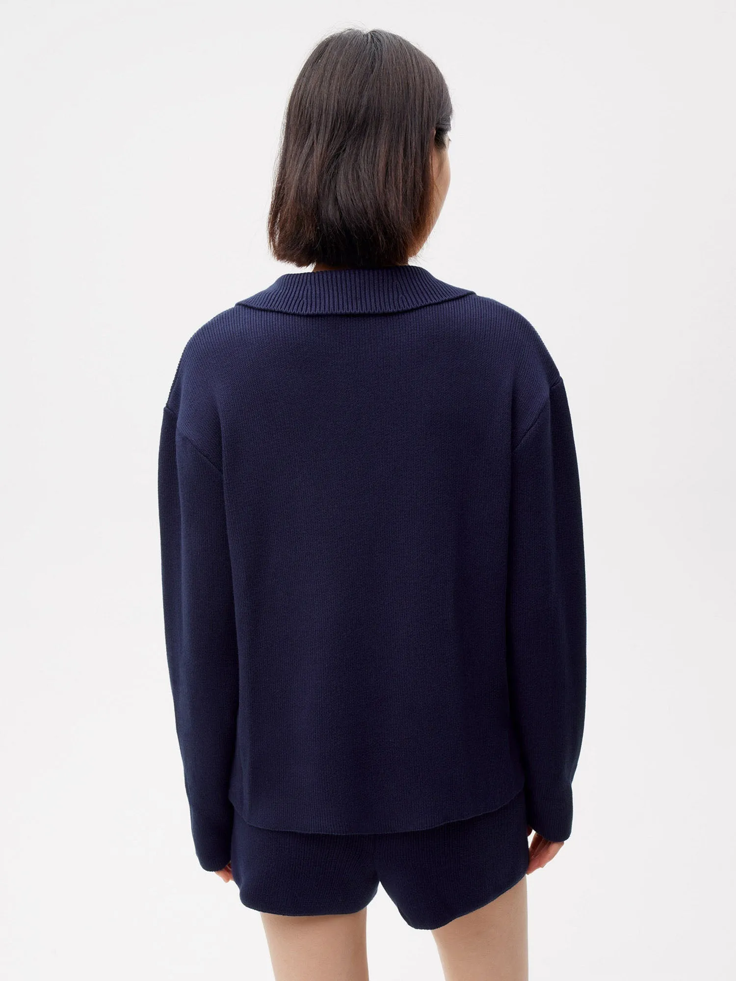 Open Collar Knit Jumper—navy blue