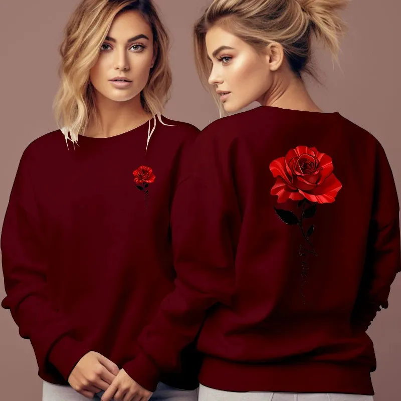 Rose Artistic Letter Printed Sweatshirts Women Fashion Street Pullover Vintage Floral Round Neck Tracksuit Autumn Female Hoodies