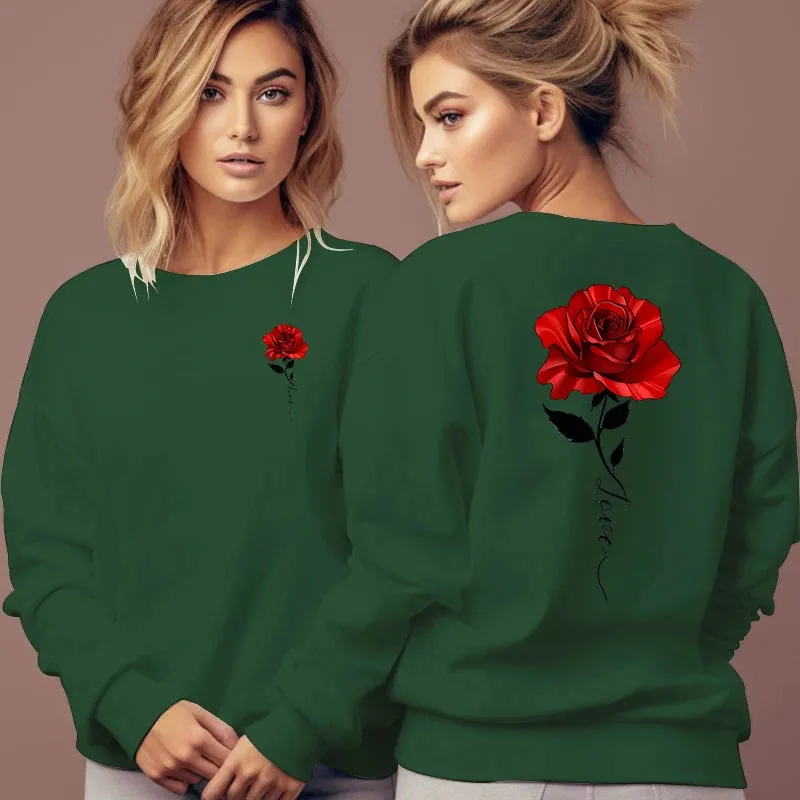 Rose Artistic Letter Printed Sweatshirts Women Fashion Street Pullover Vintage Floral Round Neck Tracksuit Autumn Female Hoodies