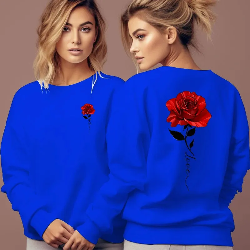 Rose Artistic Letter Printed Sweatshirts Women Fashion Street Pullover Vintage Floral Round Neck Tracksuit Autumn Female Hoodies