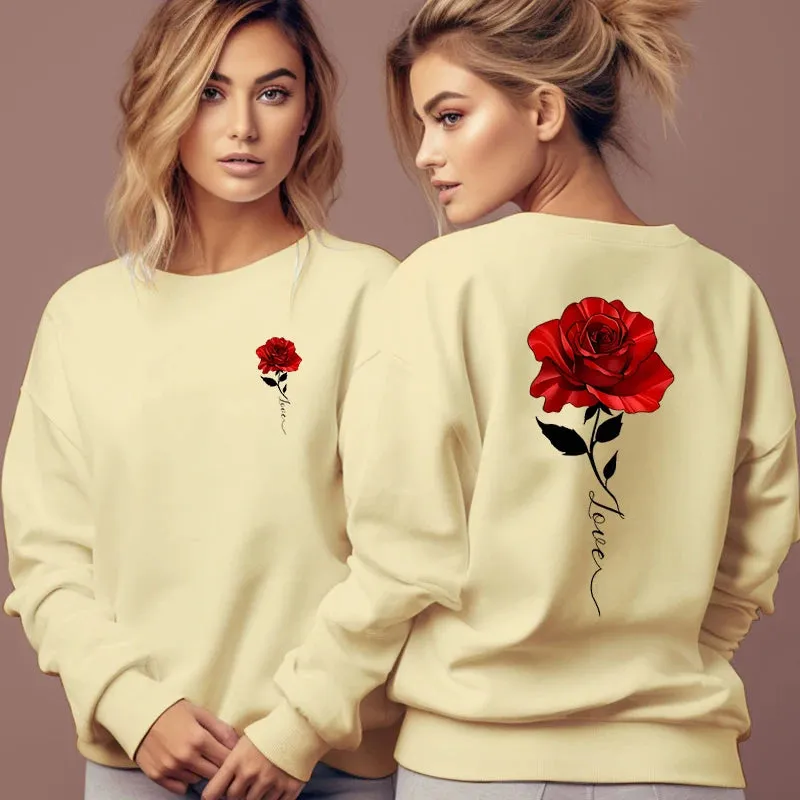 Rose Artistic Letter Printed Sweatshirts Women Fashion Street Pullover Vintage Floral Round Neck Tracksuit Autumn Female Hoodies