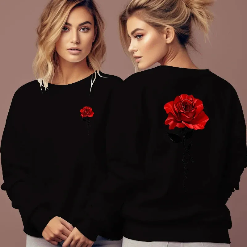 Rose Artistic Letter Printed Sweatshirts Women Fashion Street Pullover Vintage Floral Round Neck Tracksuit Autumn Female Hoodies