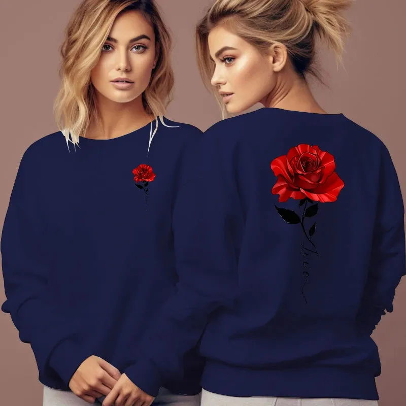 Rose Artistic Letter Printed Sweatshirts Women Fashion Street Pullover Vintage Floral Round Neck Tracksuit Autumn Female Hoodies