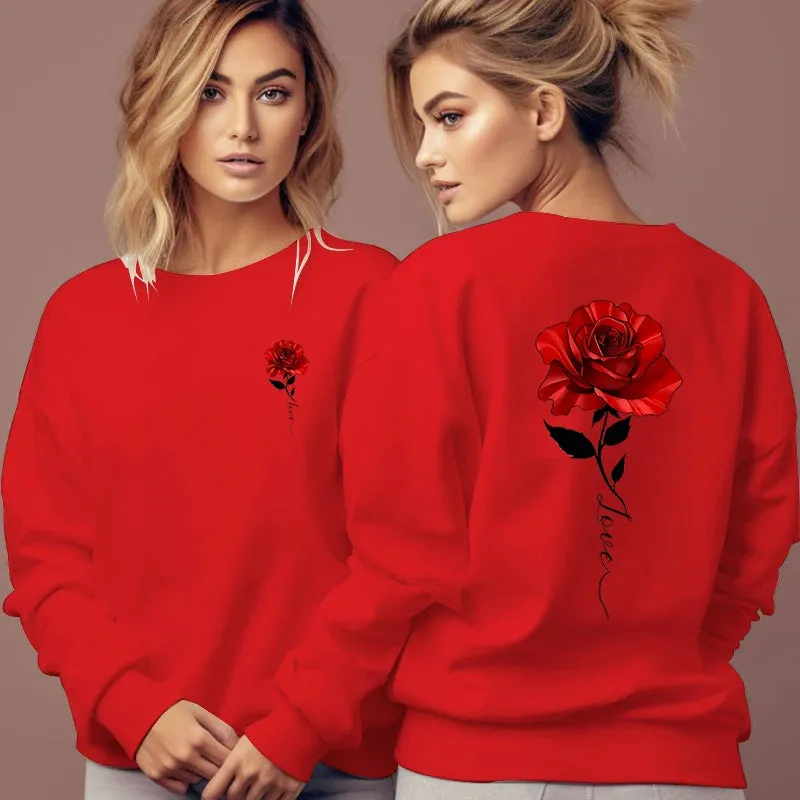 Rose Artistic Letter Printed Sweatshirts Women Fashion Street Pullover Vintage Floral Round Neck Tracksuit Autumn Female Hoodies