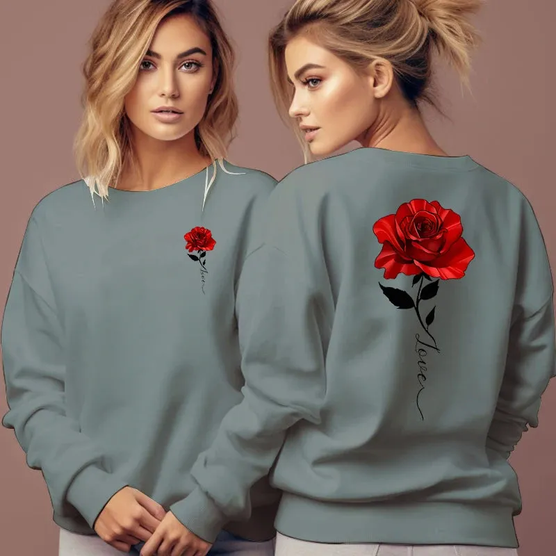 Rose Artistic Letter Printed Sweatshirts Women Fashion Street Pullover Vintage Floral Round Neck Tracksuit Autumn Female Hoodies