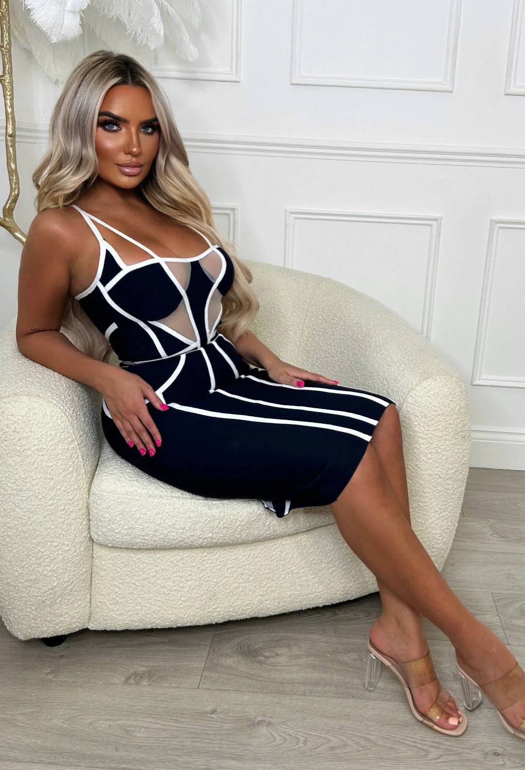 Say You're Mine Navy Premium Contour Panel Detail Stretch Bandage Midi Dress
