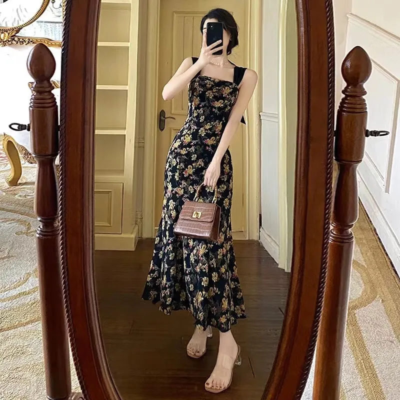 Toleet alien invasion dress to impress French Retro Elegant Backless Dress Women's Summer New Niche Floral Strap Dress