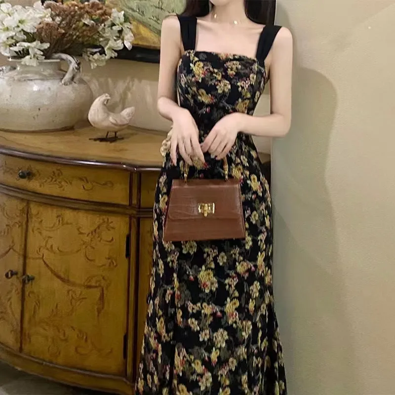 Toleet alien invasion dress to impress French Retro Elegant Backless Dress Women's Summer New Niche Floral Strap Dress