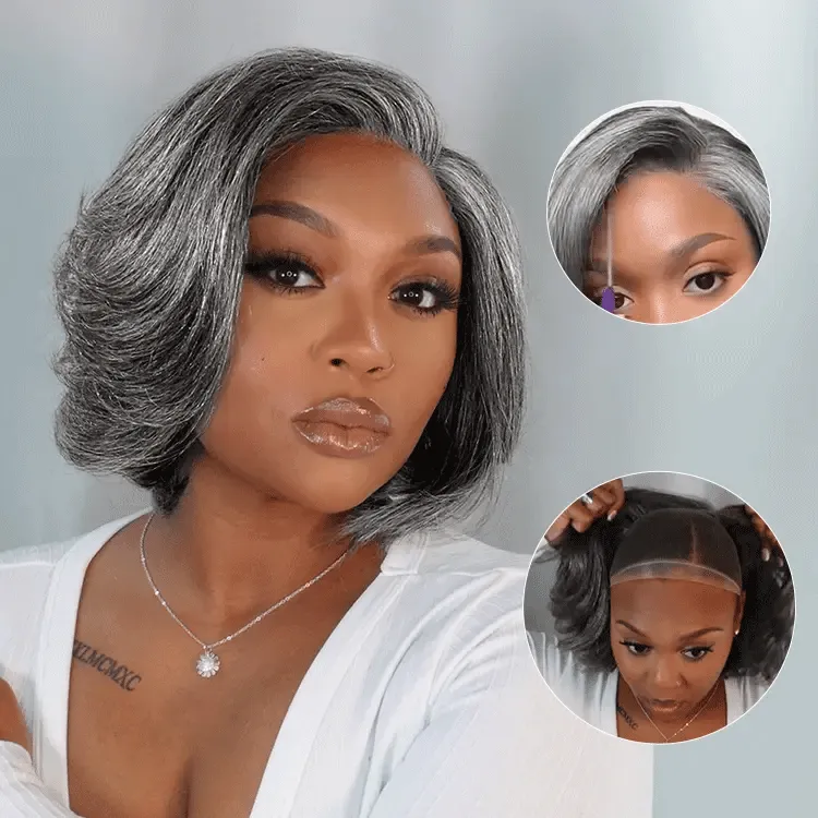 VIP ONLY | Boss Vibe Salt & Pepper Layered Bob / Body Wave Glueless Pre-Cut Minimalist Lace Grey Wig