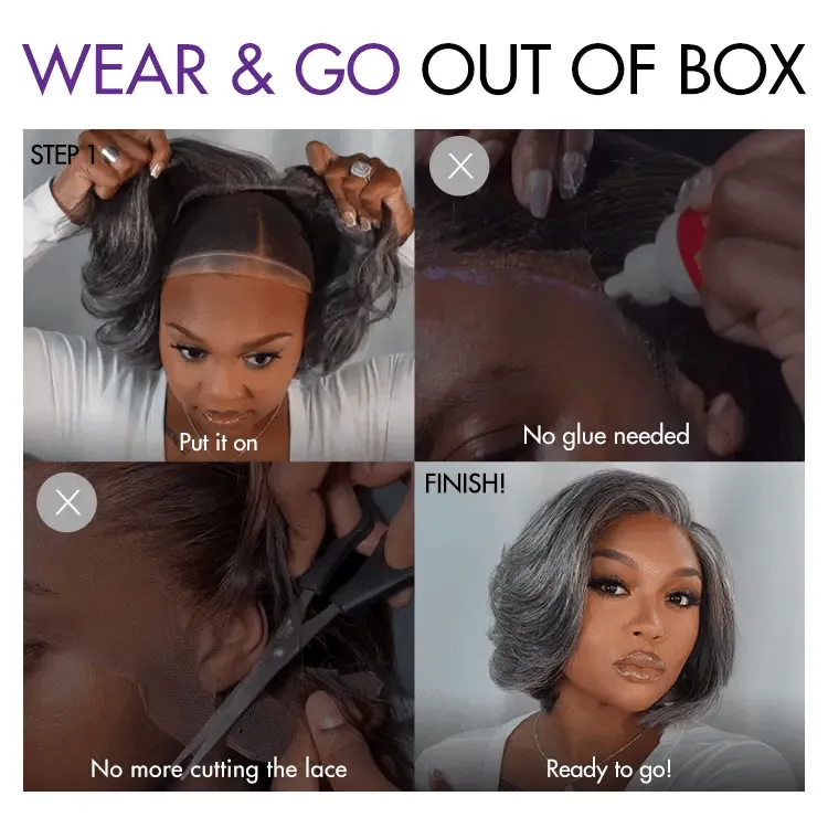 VIP ONLY | Boss Vibe Salt & Pepper Layered Bob / Body Wave Glueless Pre-Cut Minimalist Lace Grey Wig
