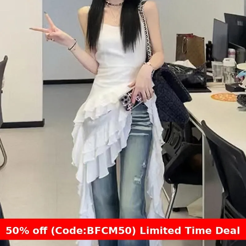 Wenkouban christmas outfit women winter outfits  Black Friday White Dress Women's Summer French Temperament Irregular Dress Stacked Dress