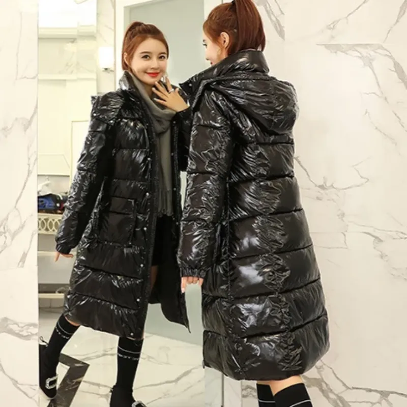 Women's Winter Casual Slim Glossy Hooded Parka With Pockets